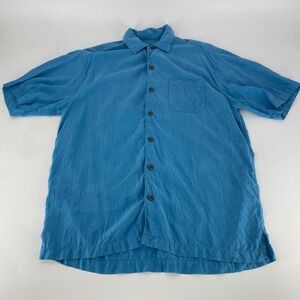 Mens Blue Silk Short Sleeve Button Down Shirt Tonal Stripe Medium Tommy Bahama